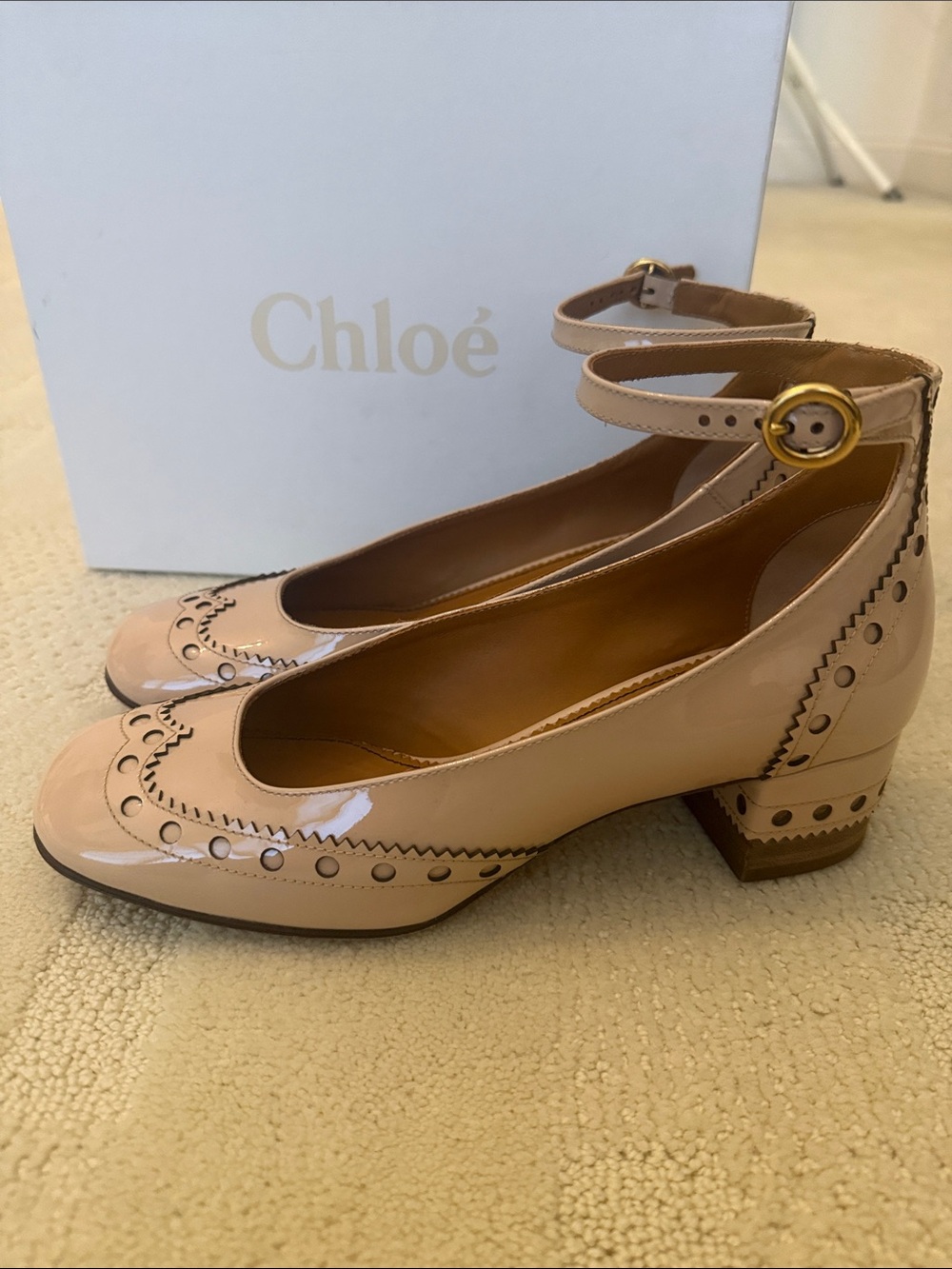 Chloé Nude Patent Leather Ankle-Strap Block Heels
